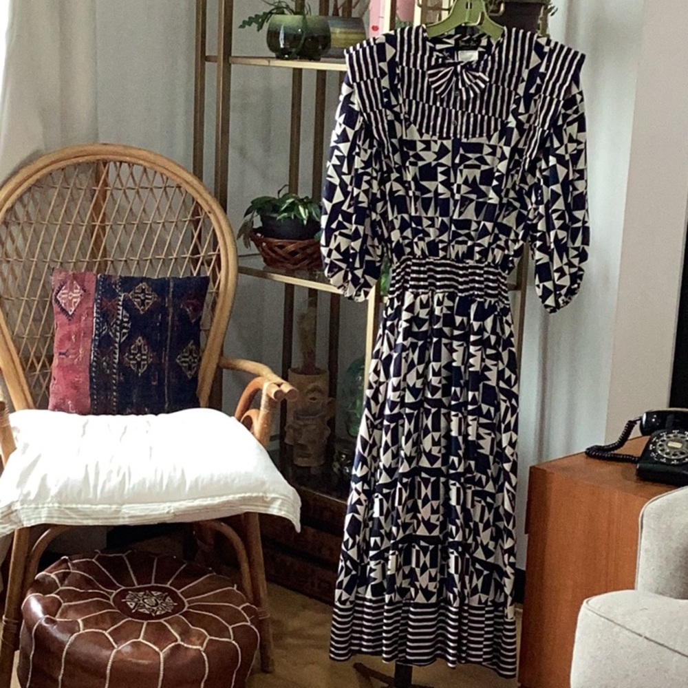 Vintage Diane Freis Navy and Cream Georgette Dress